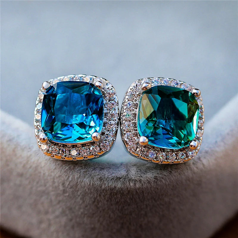Luxury Female Square Blue Stone Earrings Cute Zircon Double Wedding Jewelry Simple Silver Color Stud Earrings For Women
