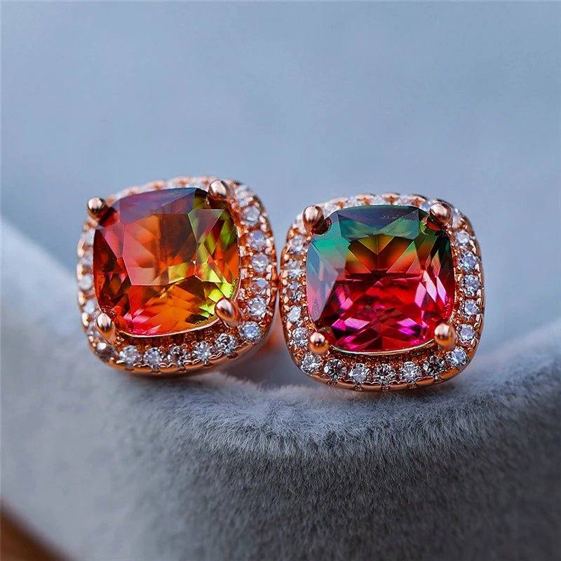 Korean Style Female Colorful Rainbow Stud Earrings Charm Zircon Stone Rose Gold Color Wedding Jewelry For Women
