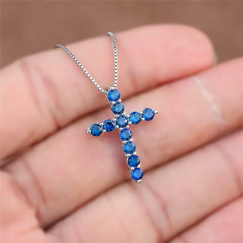 Luxury Female Crystal Blue Purple Pendant Necklace Charm Silver Color Chain Zircon Stone Wedding Jewelry For Women