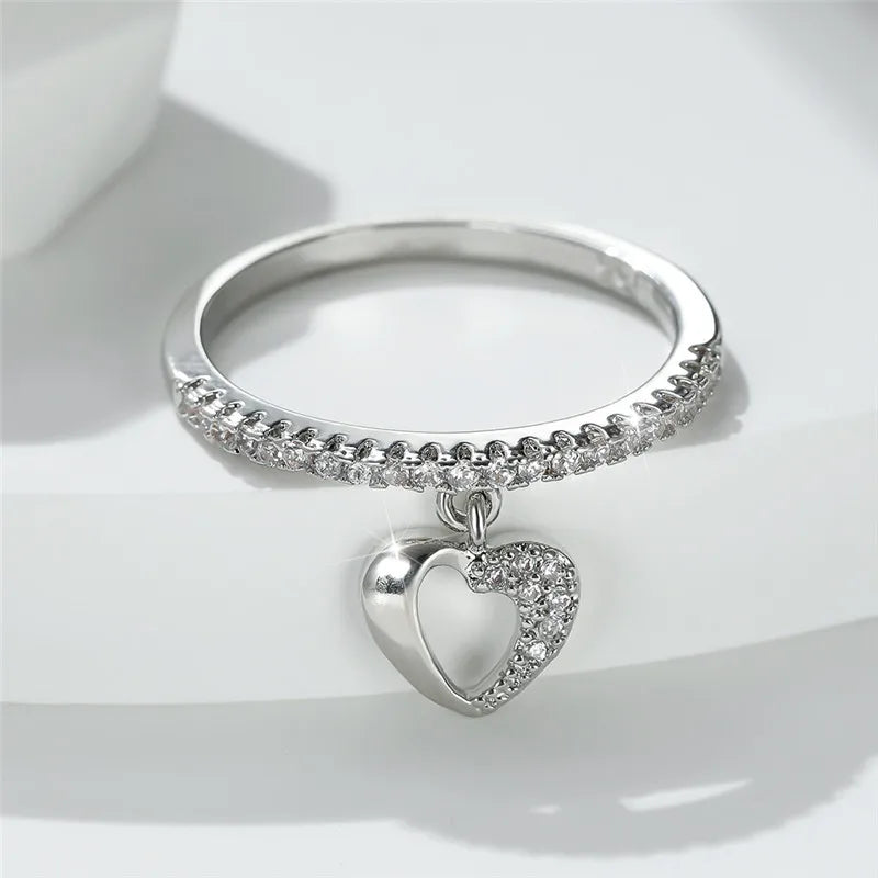 Cute Female Crystal Hollow Heart Pendant Ring Boho Gold Silver Color Engagement Jewelry Zircon Stone Wedding Rings For Women