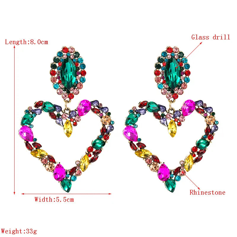 KMVEXO Fashion Boho Colorful Heart Crystal Earrings For Women 2023 New Rhinestone Statement Heart Stars Drop Earrings Bijoux