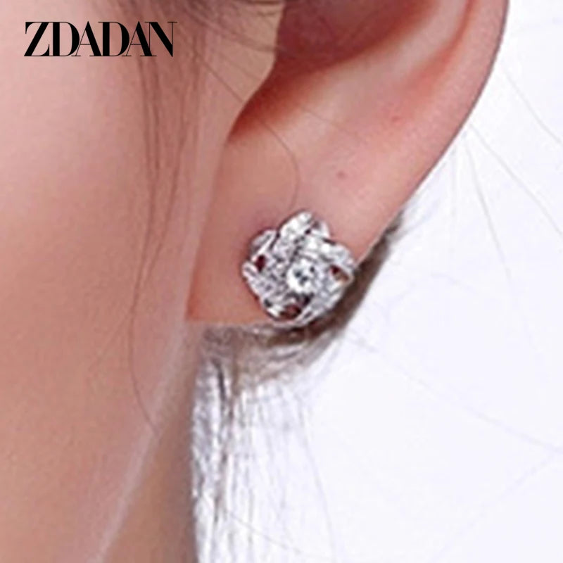 ZDADAN 925 Sterling Silver 12MM Crystal Earring For Women Fashion Jewelry Accessories