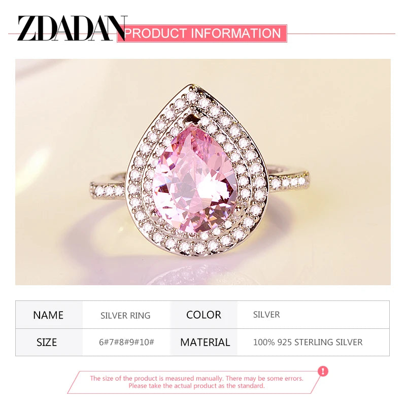 ZDADAN 925 Sterling Silver Water Drop Zircon Ring For Women Fashion Jewelry Gift