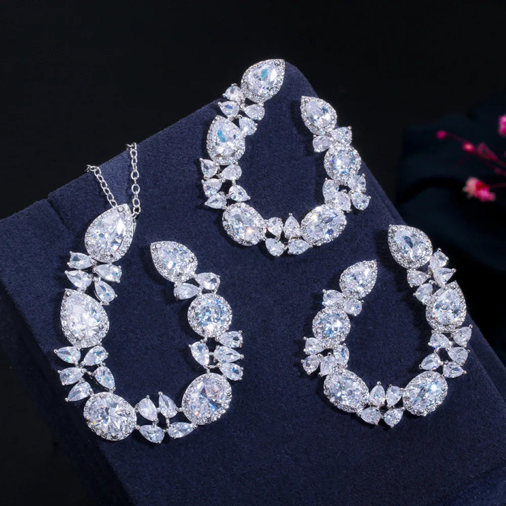 ThreeGraces Sweet Colorful Cubic Zirconia Big Symmetrical Earrings Pendant Necklace Fashion Jewelry Set for Women Party JS619