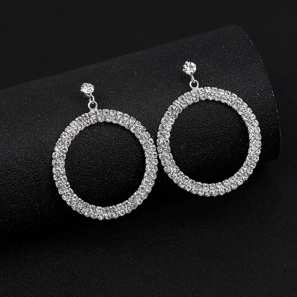 TREAZY Simple Designed Silver Plated Rhinestone Crystal Drop Earrings for Women Bride Circle Dangle Earrings Wedding Jewelry