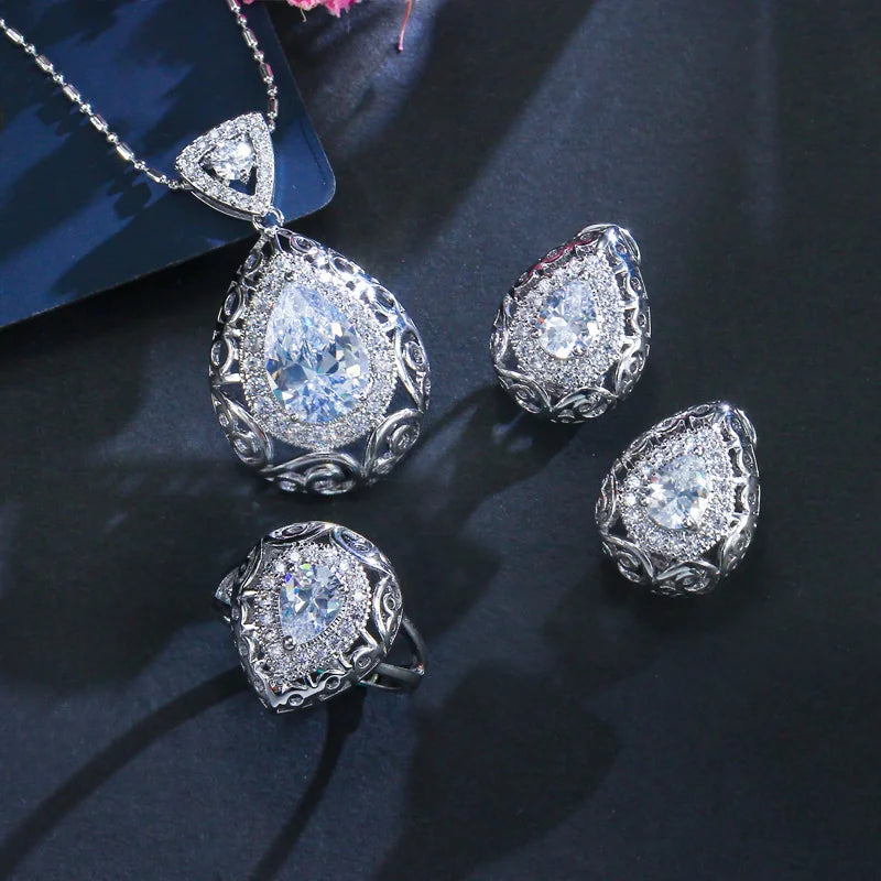 ThreeGraces 3pcs Elegant Green Cubic Zirconia Fashion Pendant Necklace  Earrings Ring Jewelry Set for Women Party Wear JS137