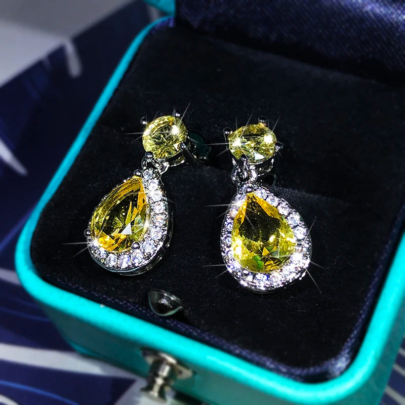 Elegant Temperament Yellow Zircon Drop Earrings 925 Sterling Silver Four-Claw Diamond Earrings Ladies Party Birthday Jewelry