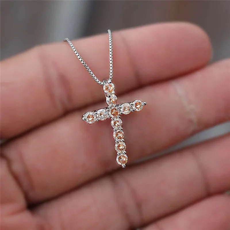 Luxury Female Crystal Blue Purple Pendant Necklace Charm Silver Color Chain Zircon Stone Wedding Jewelry For Women