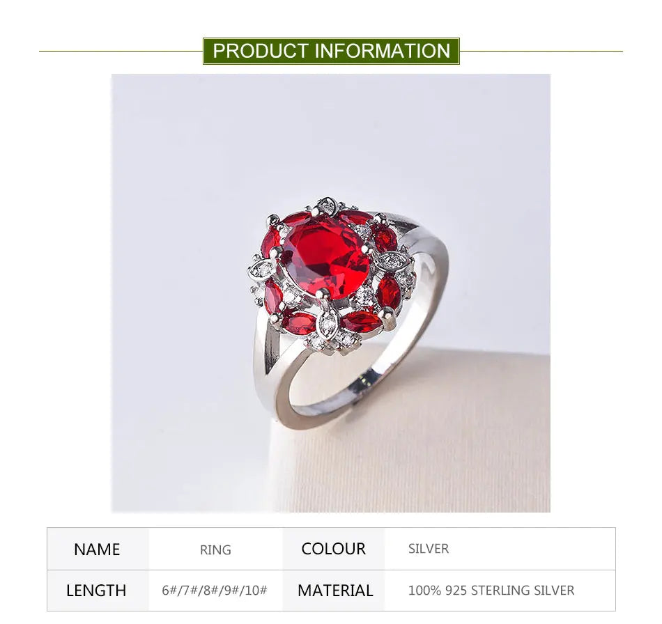 ZDADAN 925 Sterling Silver Flower Red Zircon Rings For Women Fashion Wedding Jewelry