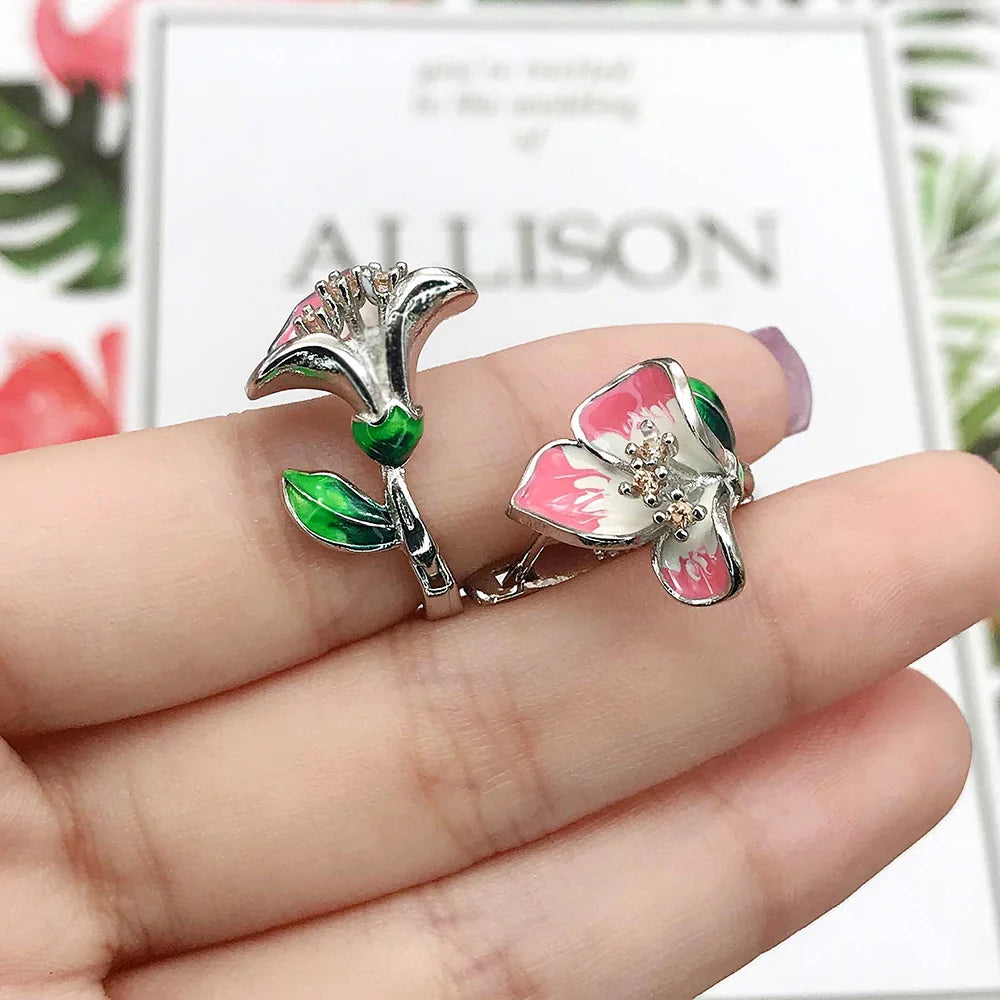 HUAMI 2PCS Hot Sale Zircon Christmas Cloisonne Epoxy Flower Earrings For Women Fashion Enamel and Diamond Engagement Earring