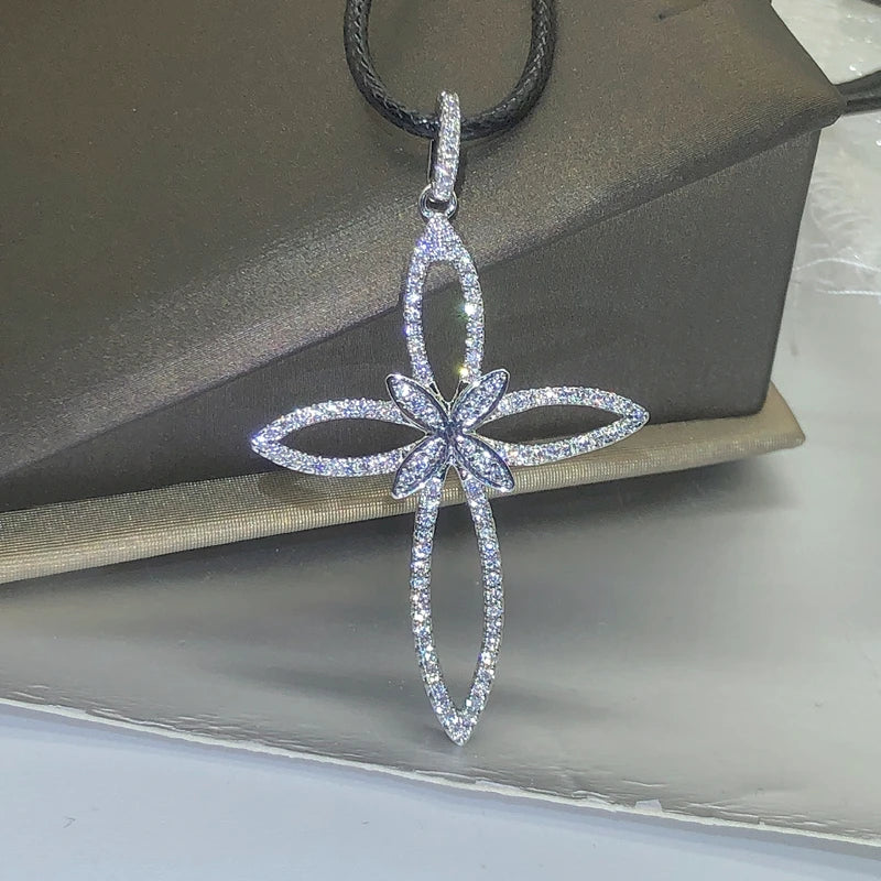 925 Silver New Jewelry Crystal Flower Pendant Necklace Exaggerate Atmosphere Personality Four-Leave Flower Chain For Women Party