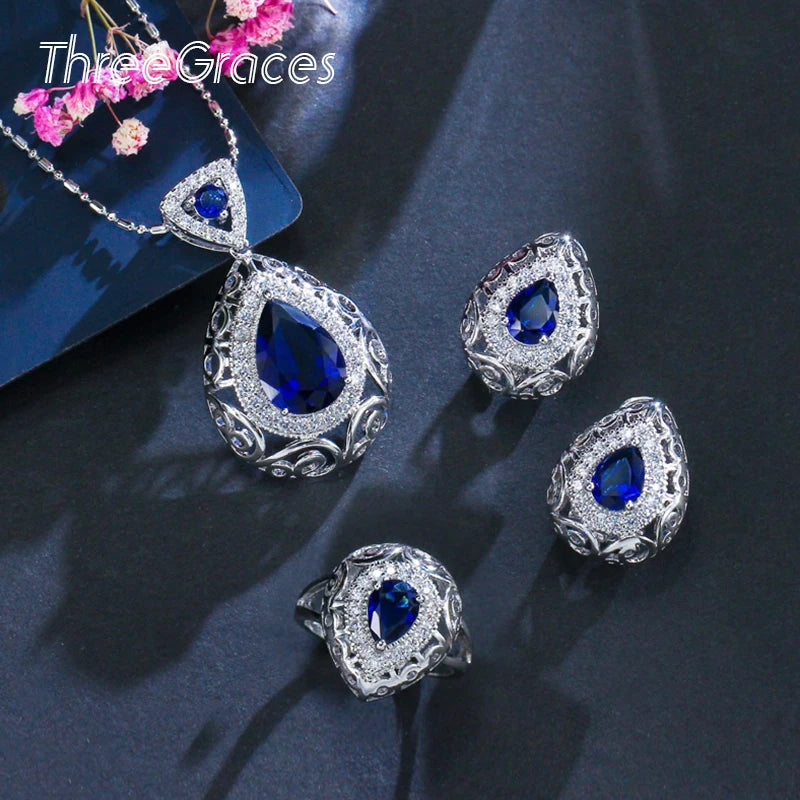 ThreeGraces 3pcs Elegant Green Cubic Zirconia Fashion Pendant Necklace  Earrings Ring Jewelry Set for Women Party Wear JS137