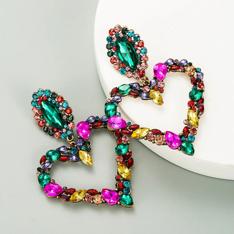 KMVEXO Fashion Boho Colorful Heart Crystal Earrings For Women 2023 New Rhinestone Statement Heart Stars Drop Earrings Bijoux