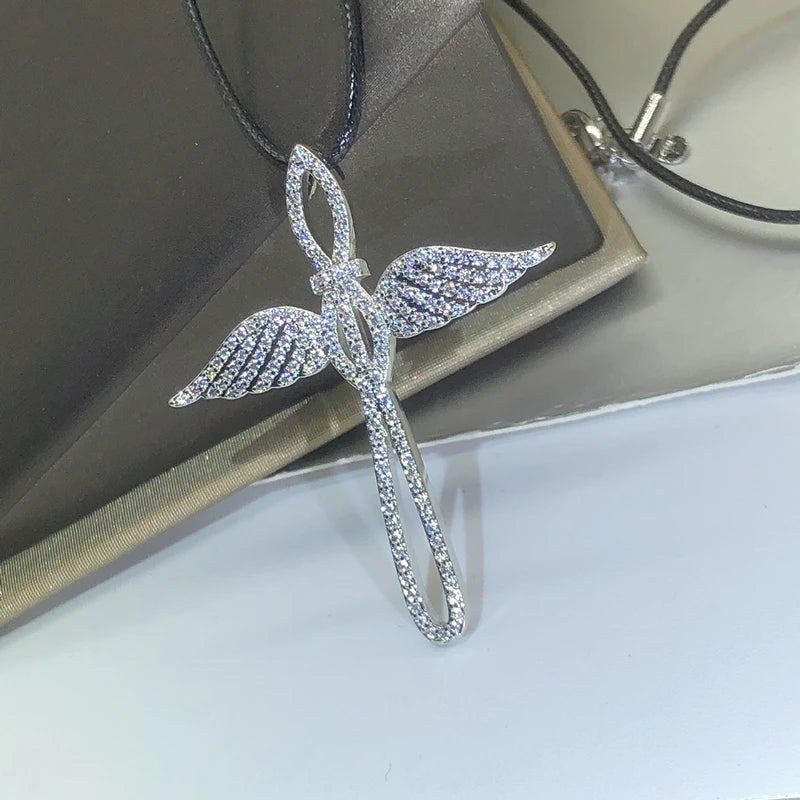 925 Sterling Silver Fashion Angel Cross Pendant Necklace For Ladies Double Wings Party Birthday Jewelry Gift