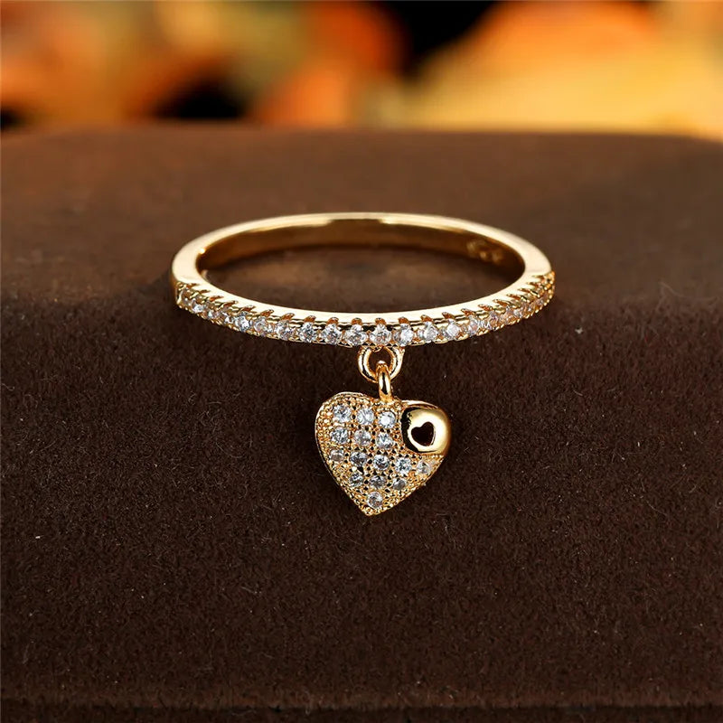 Luxury Female Crystal Heart Pendant Rings Trendy Gold Silver Color Engagement Ring Charm White Zircon Wedding Jewelry For Women