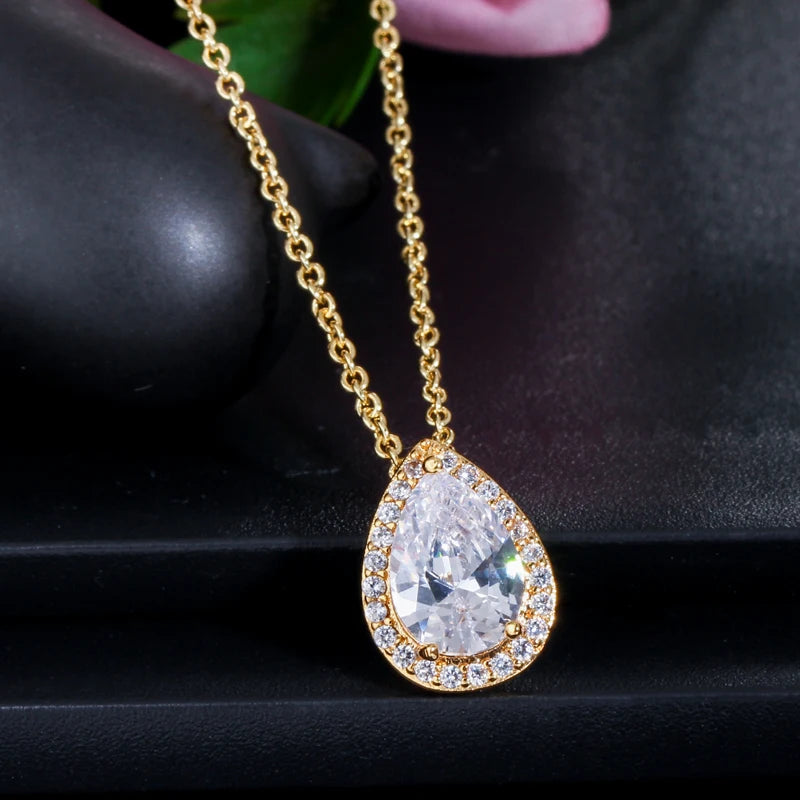 ThreeGraces Sweet Sparkling Water Drop Cubic Zirconia Fashion Necklace and Stud Earrings Party Jewelry Set for Women JS210