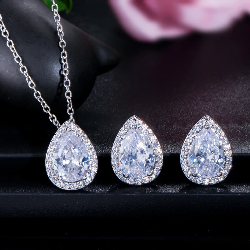 ThreeGraces Sweet Sparkling Water Drop Cubic Zirconia Fashion Necklace and Stud Earrings Party Jewelry Set for Women JS210