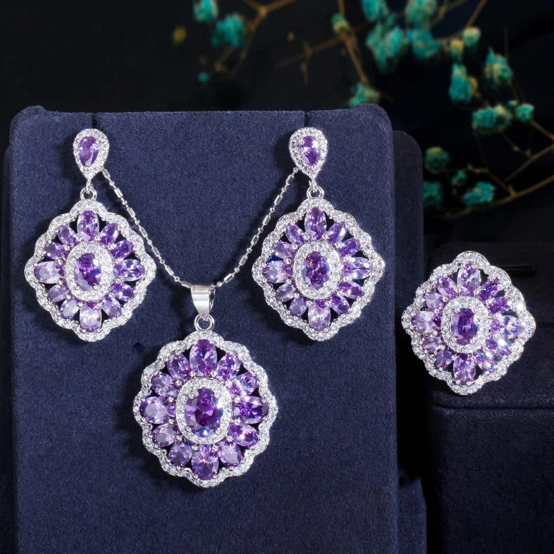 ThreeGraces Romantic Purple Cubic Zirconia Crystal Chic Earrings Pendant Necklace Ring for Women Party Banquet Jewerly JS512