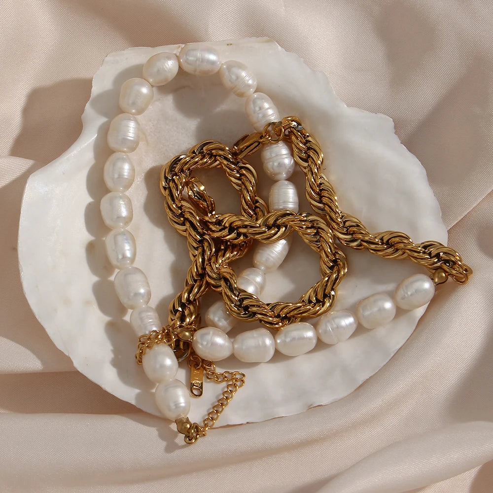 E.B.belle Bold Twisted Rope Chain Splicing with Freshwater Pearl Chunky Chain Necklace Jewelry On The Neck For Women
