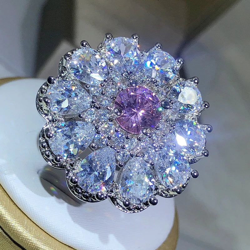 925 Silver Trendy Luxury Jewelry Ladies Shiny White Zirconia Crystal Flower Female Ring for Women Party Wedding