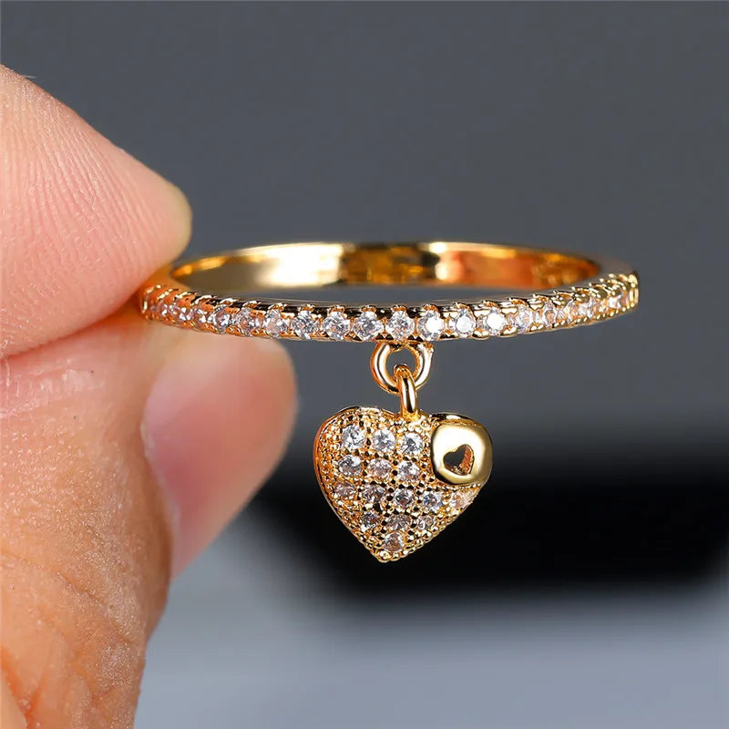Luxury Female Crystal Heart Pendant Rings Trendy Gold Silver Color Engagement Ring Charm White Zircon Wedding Jewelry For Women