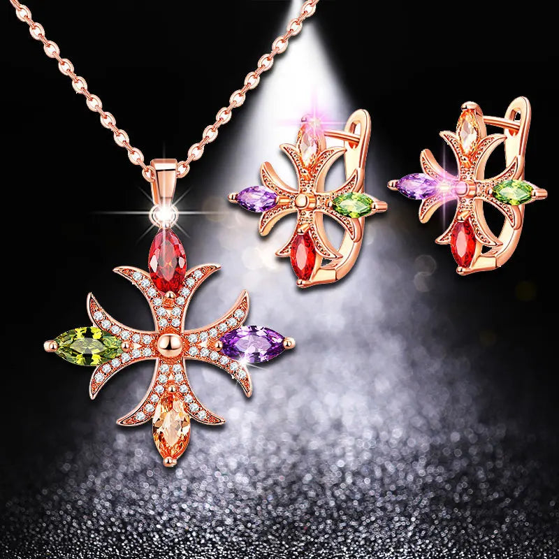 HUAMI Rose Gold Chain Neckalace Cross Stud Earrings Crystal Jewelry for Women Wedding Bling Zircon Collier Femme Gift Party