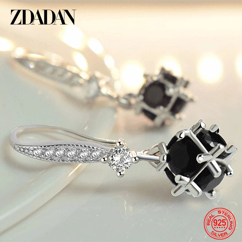 ZDADAN 925 Sterling Silver Black Round Zircon Drop Earrings For Women Fashion Wedding Jewelry Gift