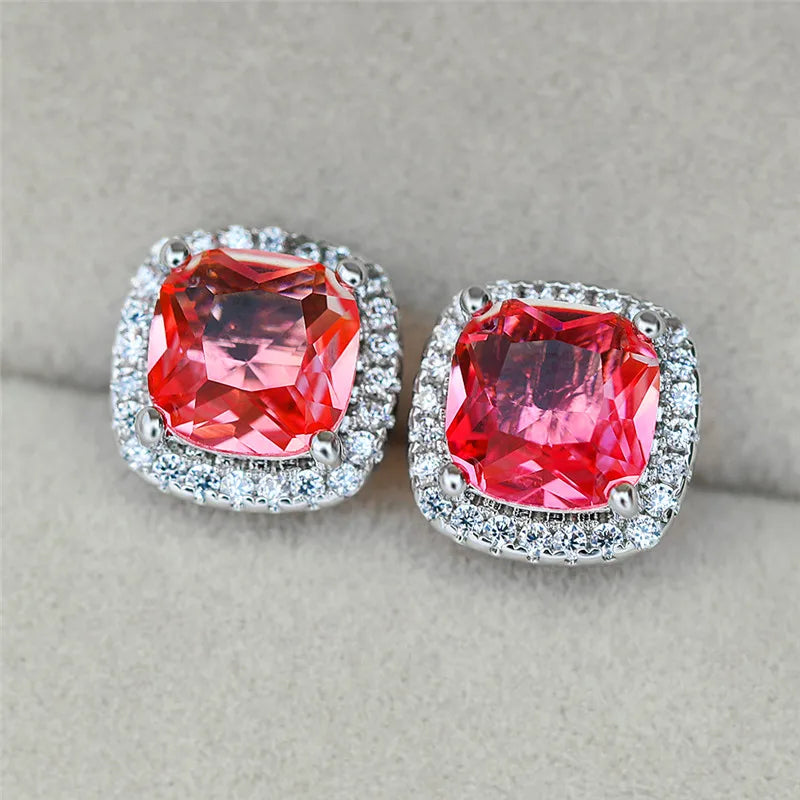 Luxury Female Square Blue Stone Earrings Cute Zircon Double Wedding Jewelry Simple Silver Color Stud Earrings For Women