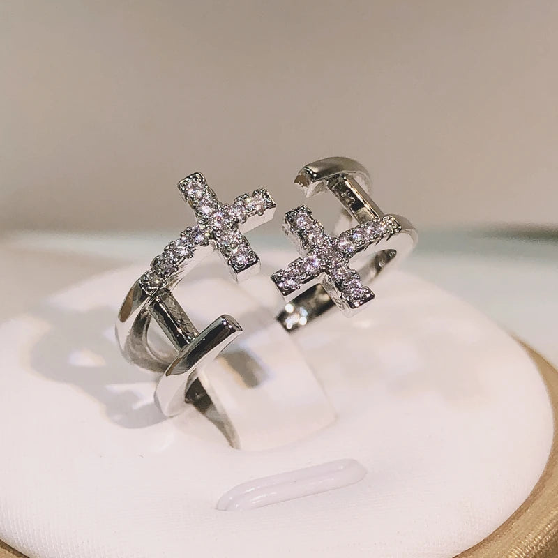 925 Sterling Silver Open Double Zircon Cross Rings For Woman Gothic Accessories Fashion Jewelry Party Irregular Ring