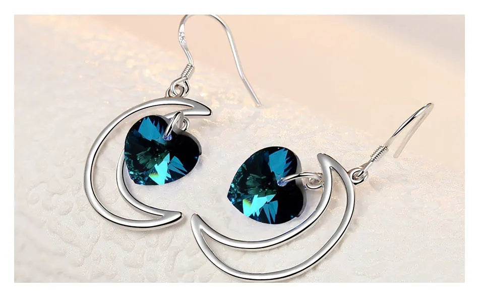ZDADAN 925 Sterling Silver Moon Heart Blue Crystal Drop Earrings For Women Wedding Jewelry