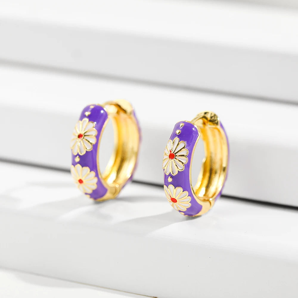 New Trendy Flower Enamel Hoop Earrings for Women Boho Statement Round Circle Huggie Earring Fashion Jewelry 2021 Brincos