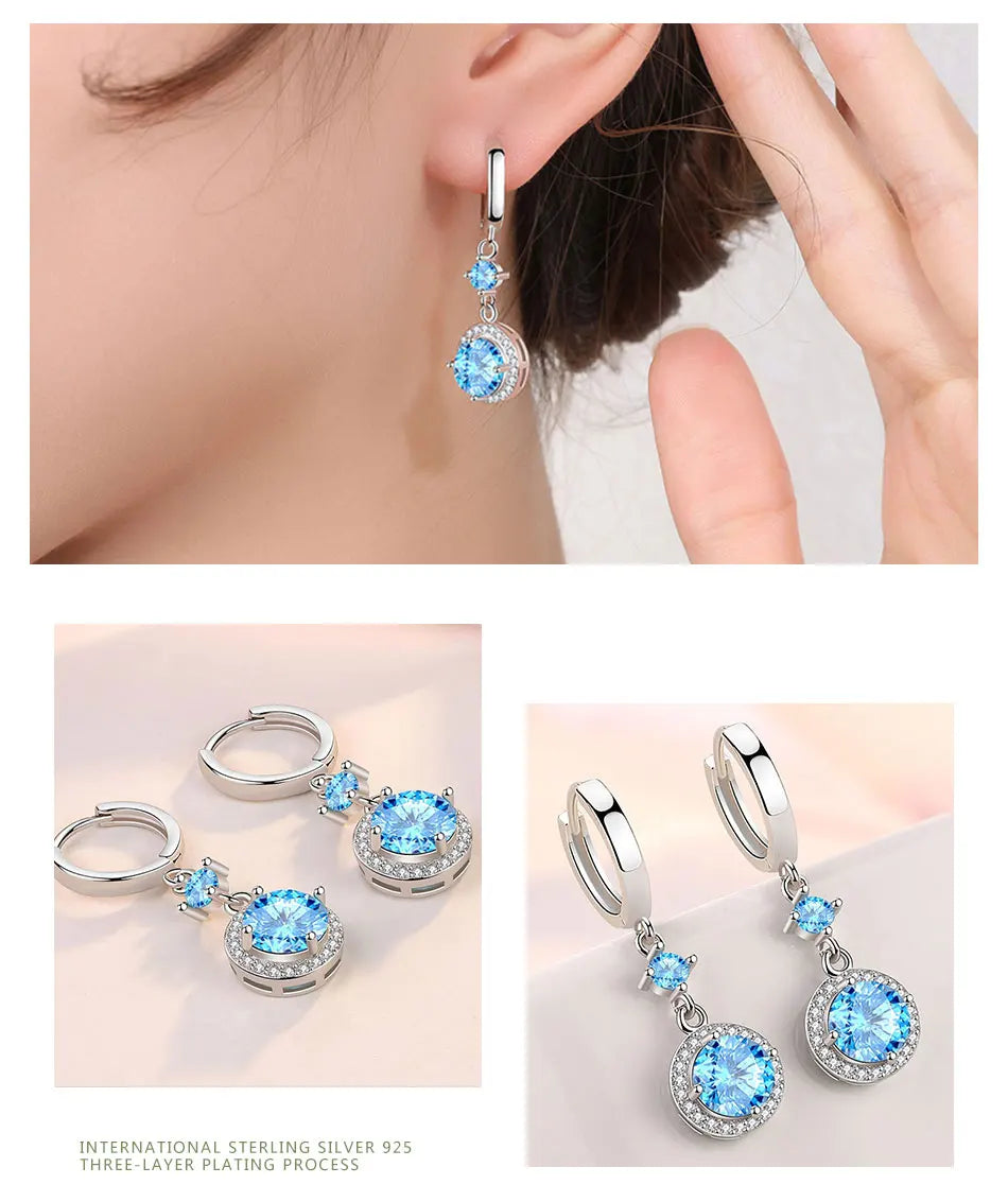 ZDADAN 925 Sterling Silver Geometric Blue Water Drop Earrings For Women Fashion Jewelry Wedding Gift