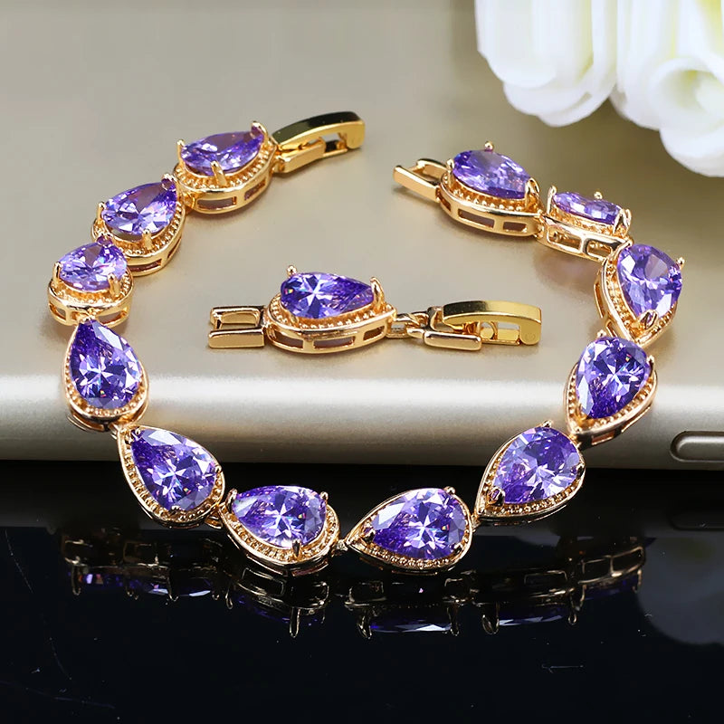 ThreeGraces Fashion Shiny Purple Water Drop Cubic Zirconia Crystal Bridal Wedding Party Bracelet for Women Jewelry BR053