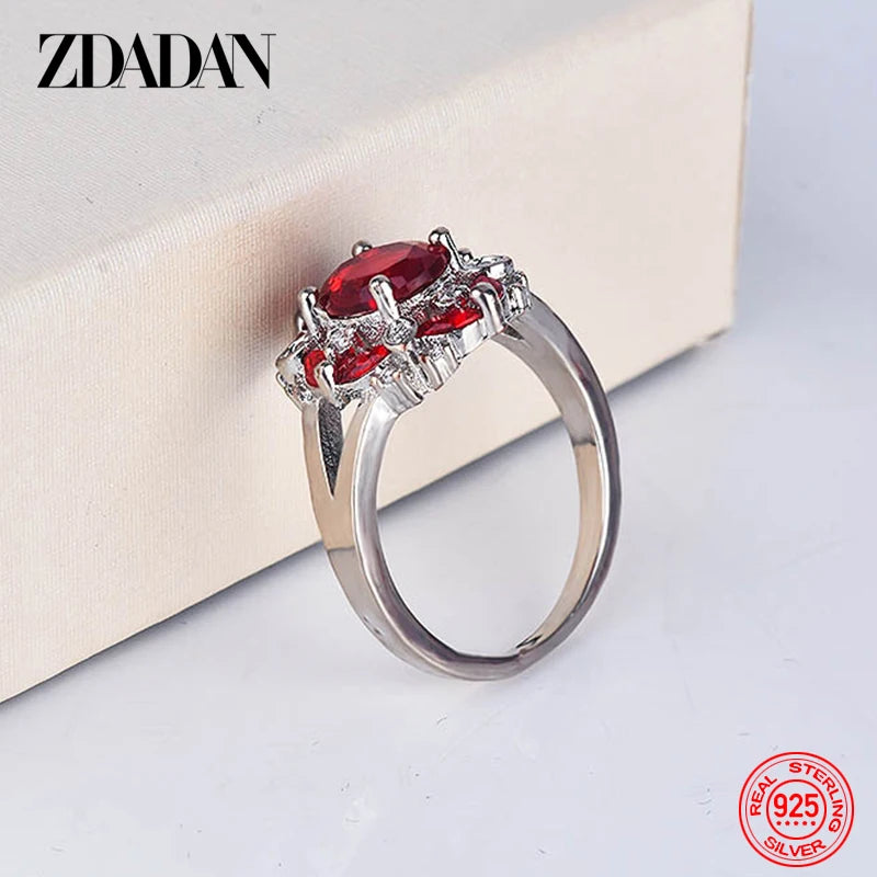 ZDADAN 925 Sterling Silver Flower Red Zircon Rings For Women Fashion Wedding Jewelry