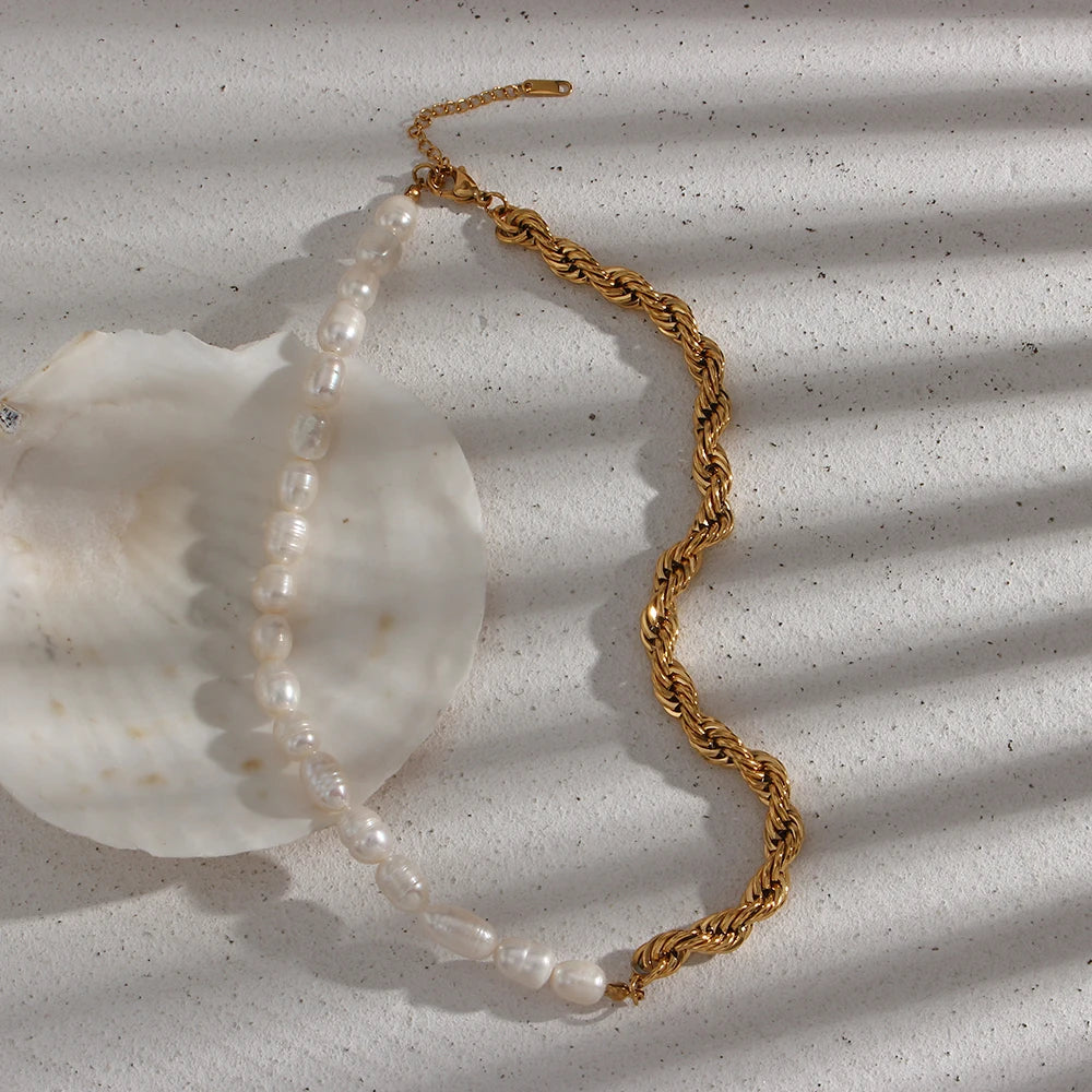 E.B.belle Bold Twisted Rope Chain Splicing with Freshwater Pearl Chunky Chain Necklace Jewelry On The Neck For Women