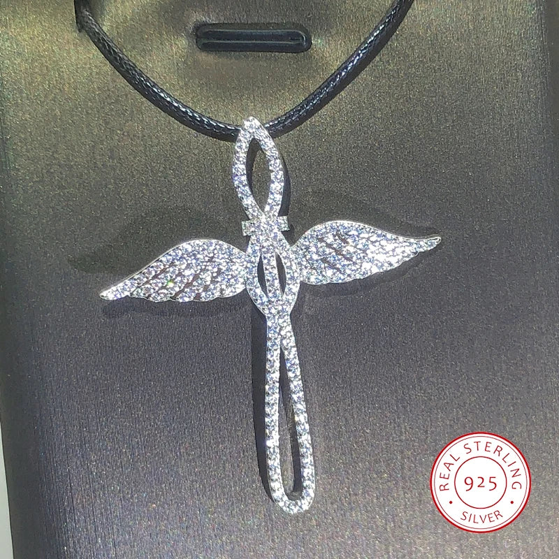 925 Sterling Silver Fashion Angel Cross Pendant Necklace For Ladies Double Wings Party Birthday Jewelry Gift