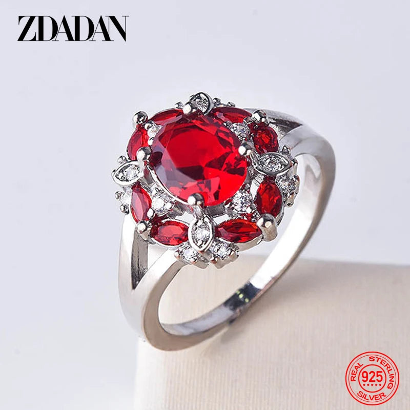 ZDADAN 925 Sterling Silver Flower Red Zircon Rings For Women Fashion Wedding Jewelry
