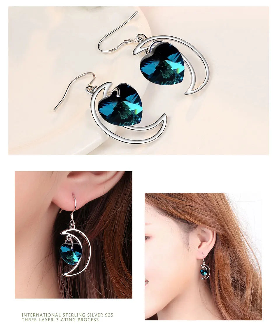 ZDADAN 925 Sterling Silver Moon Heart Blue Crystal Drop Earrings For Women Wedding Jewelry