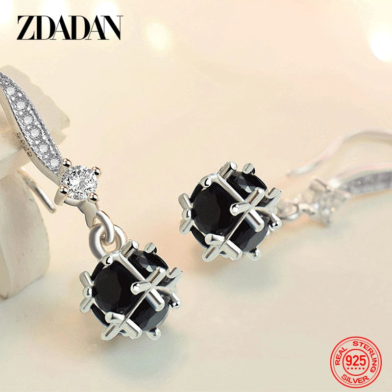 ZDADAN 925 Sterling Silver Black Round Zircon Drop Earrings For Women Fashion Wedding Jewelry Gift