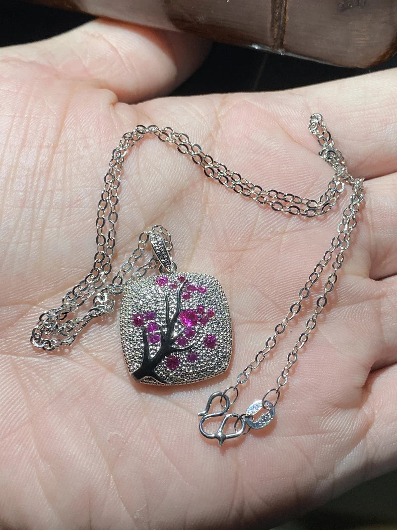 Delicate Jewelry Red/Pink Zircon Leaves Cherry Tree Branch Pendant Necklace For Women 925 Sterling Silver Branch Kolye Collares