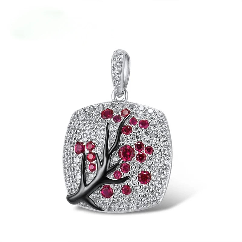 Delicate Jewelry Red/Pink Zircon Leaves Cherry Tree Branch Pendant Necklace For Women 925 Sterling Silver Branch Kolye Collares