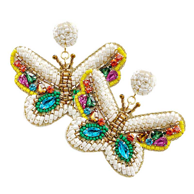 Felt Back Multi Stone Beaded Butterfly Dangle Earrings