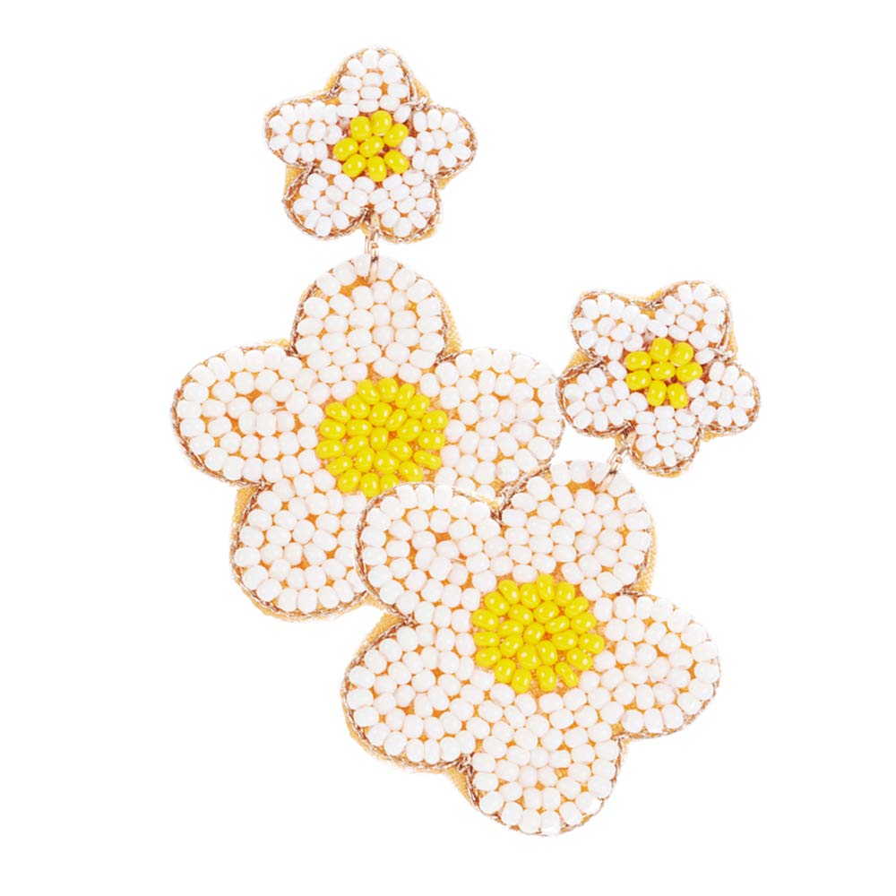 Seed Beaded Double Flower Link Dangle Earrings
