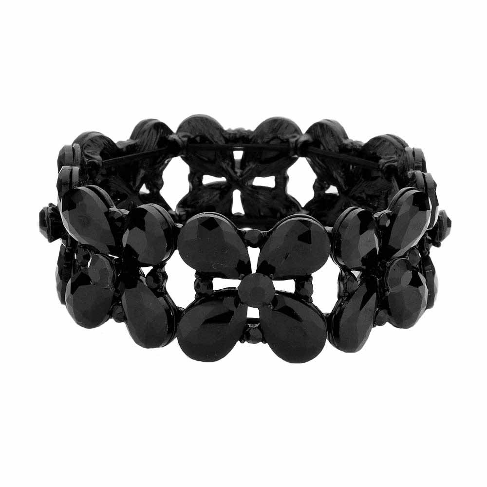 Floral Teardrop Glass Crystal Stretch Evening Bracelet