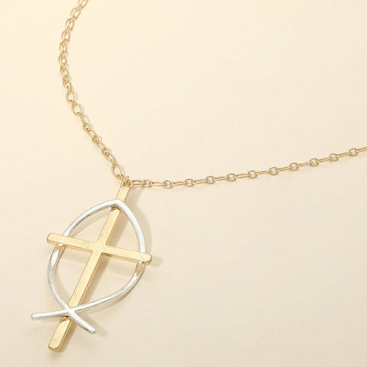 Two Tone Metal Cross Fish Symbol Pendant Long Necklace