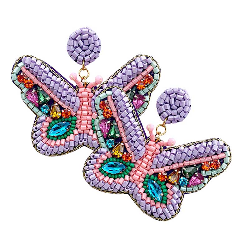 Felt Back Multi Stone Beaded Butterfly Dangle Earrings