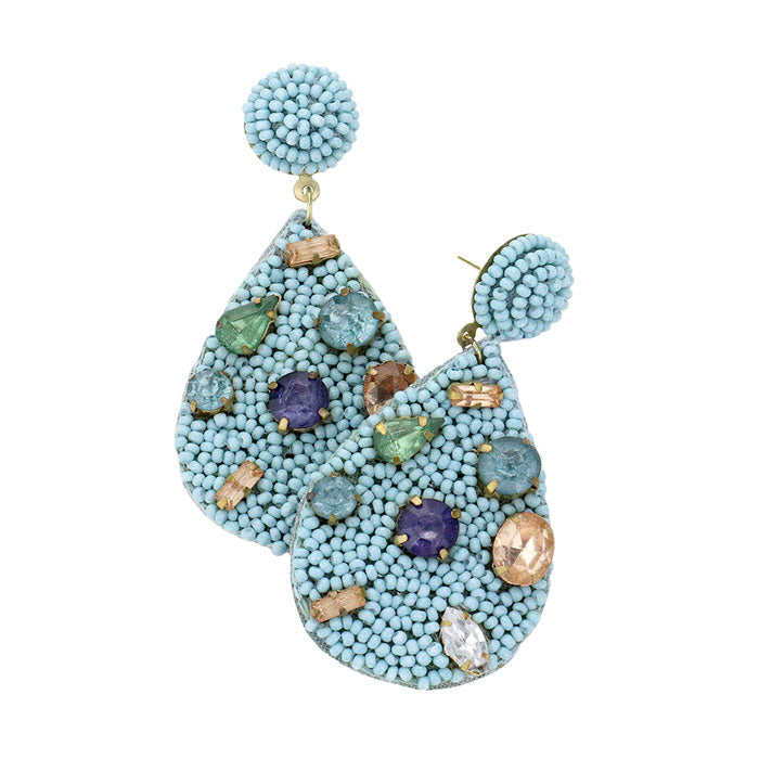 Multi Stone Embellished Seed Beaded Teardrop Dangle Earring