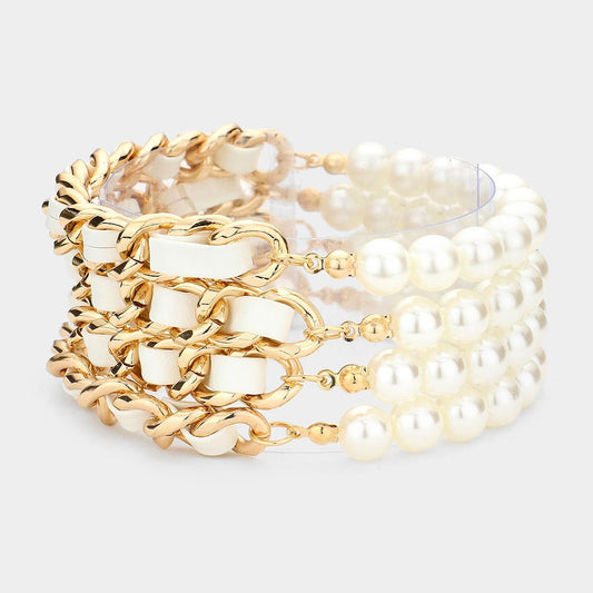 4PCS - Faux Leather Braided Pearl Beaded Multi Layered Bracelets