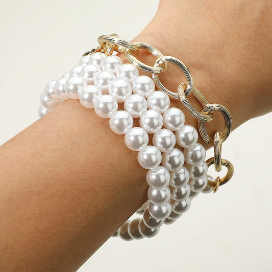 3PCS - Textured Metal Link Medal Charm Pearl Beaded Stretch Multi Layered Bracelets