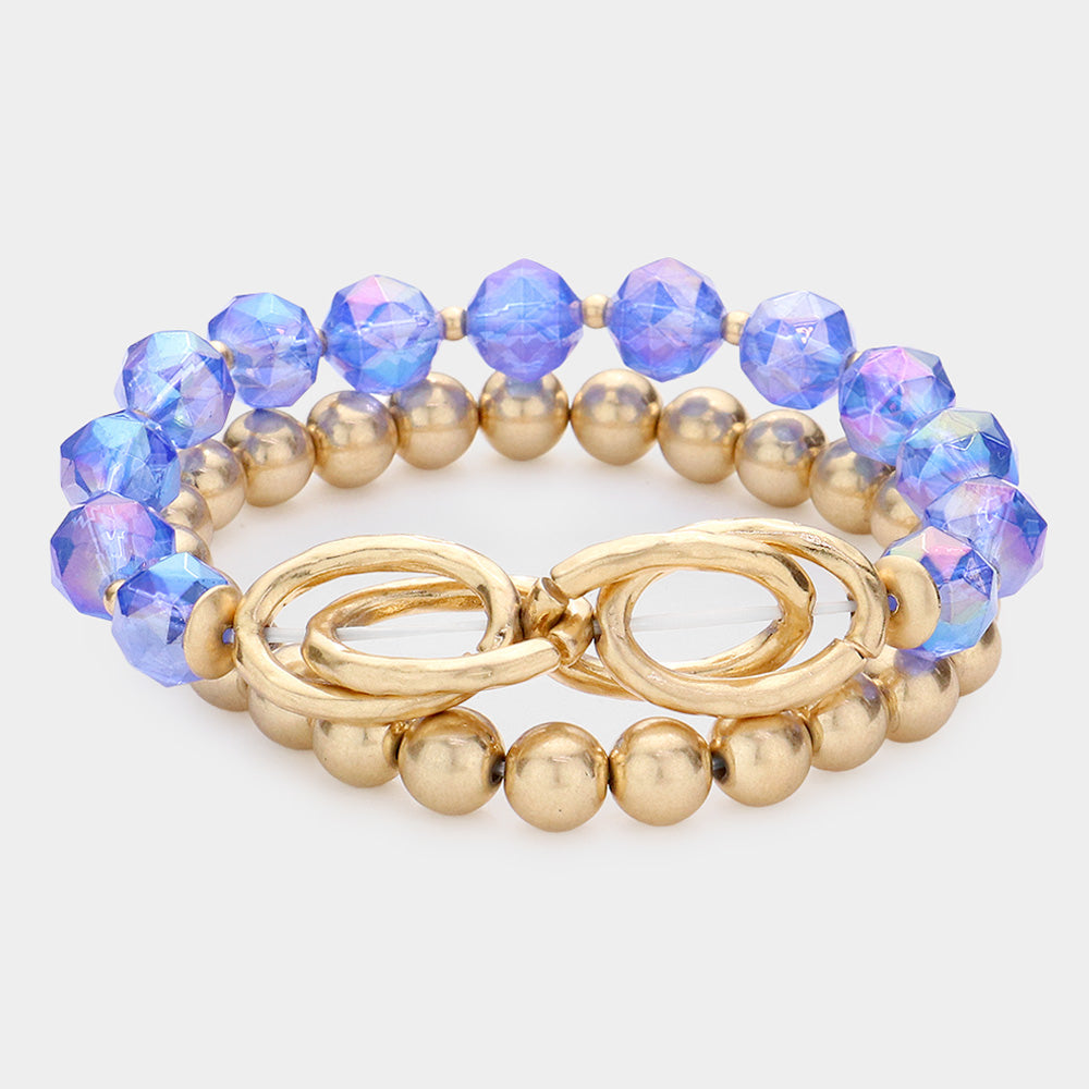 2PCS - Open Metal Oval Link Metal Ball Faceted Beaded Stretch Bracelets